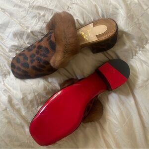 Christian Louboutin Leopard-Print Fur-Trim Mules with Red Sole